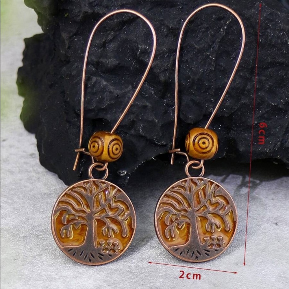 Vintage Style Brown Patina Tree of Life Coin Dangle Earrings - Picture 2 of 2